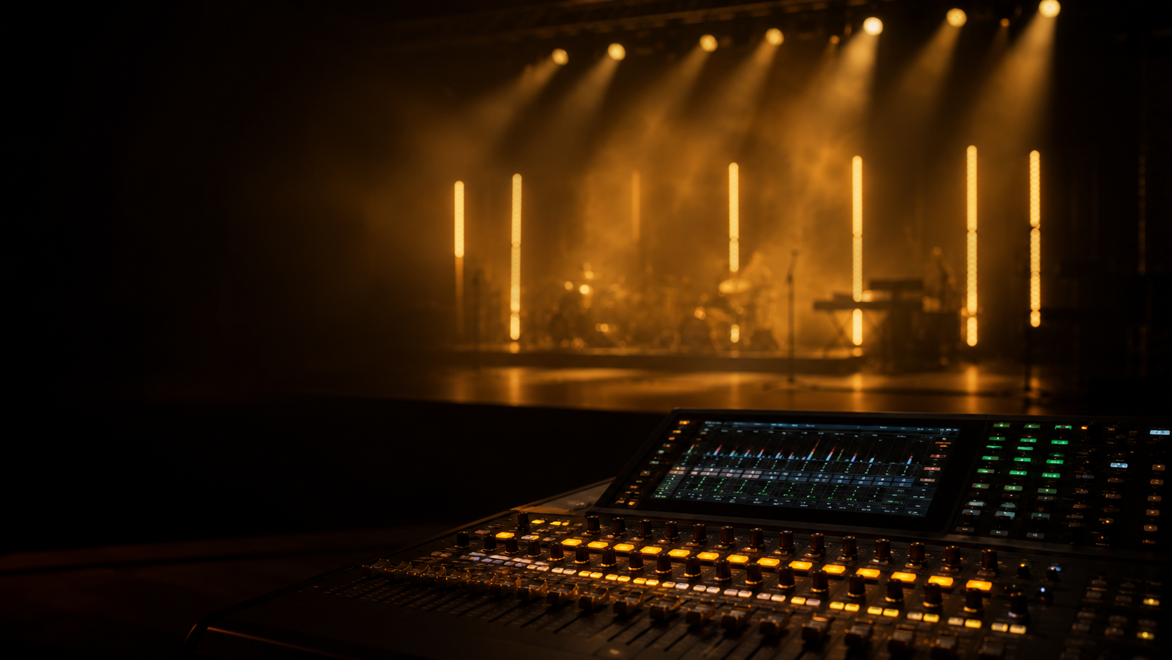Palco com iluminação profissional e mesa de som